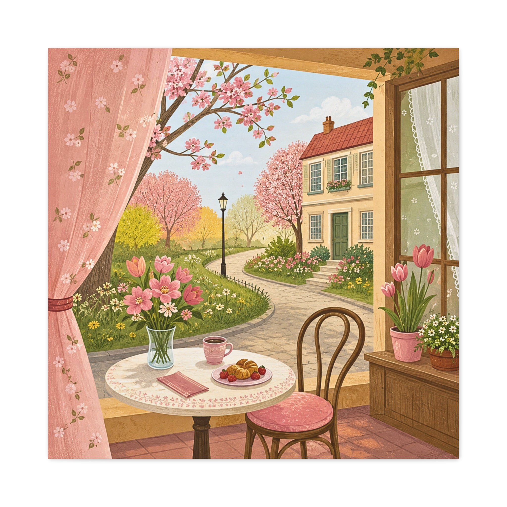Spring Cottage Café Canvas Wall Art — Cozy Window Scene with Flowers and Pastries