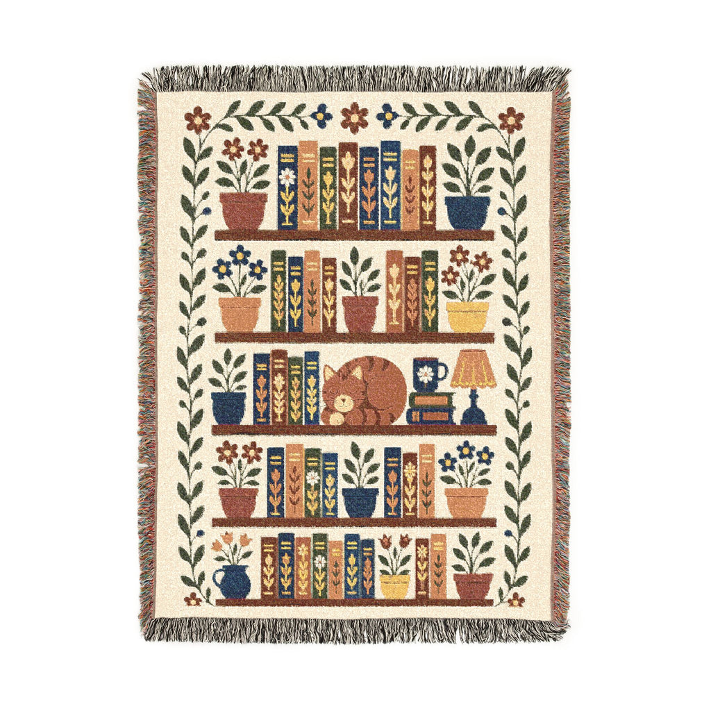 Library Bookcase with Cat Woven Throw Blanket — Cozy Reading Room Decor