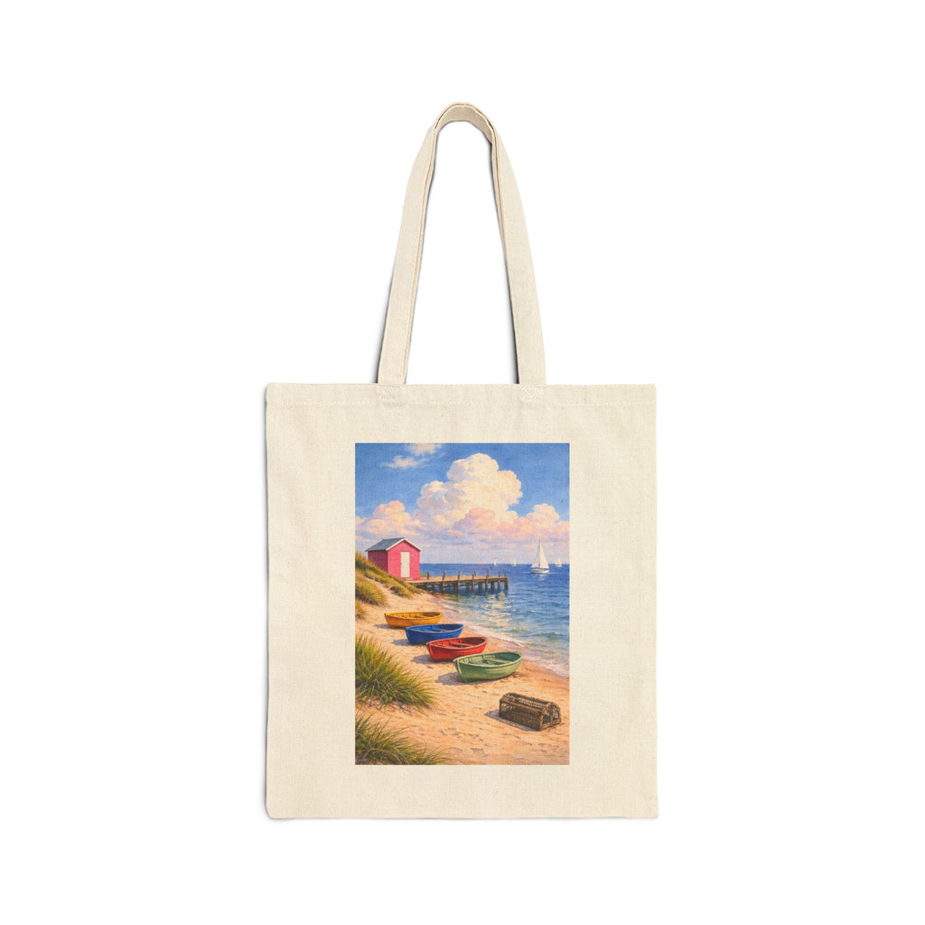 Beach Scene Canvas Tote Bag – Colorful Rowboats & Pier Coastal Artwork