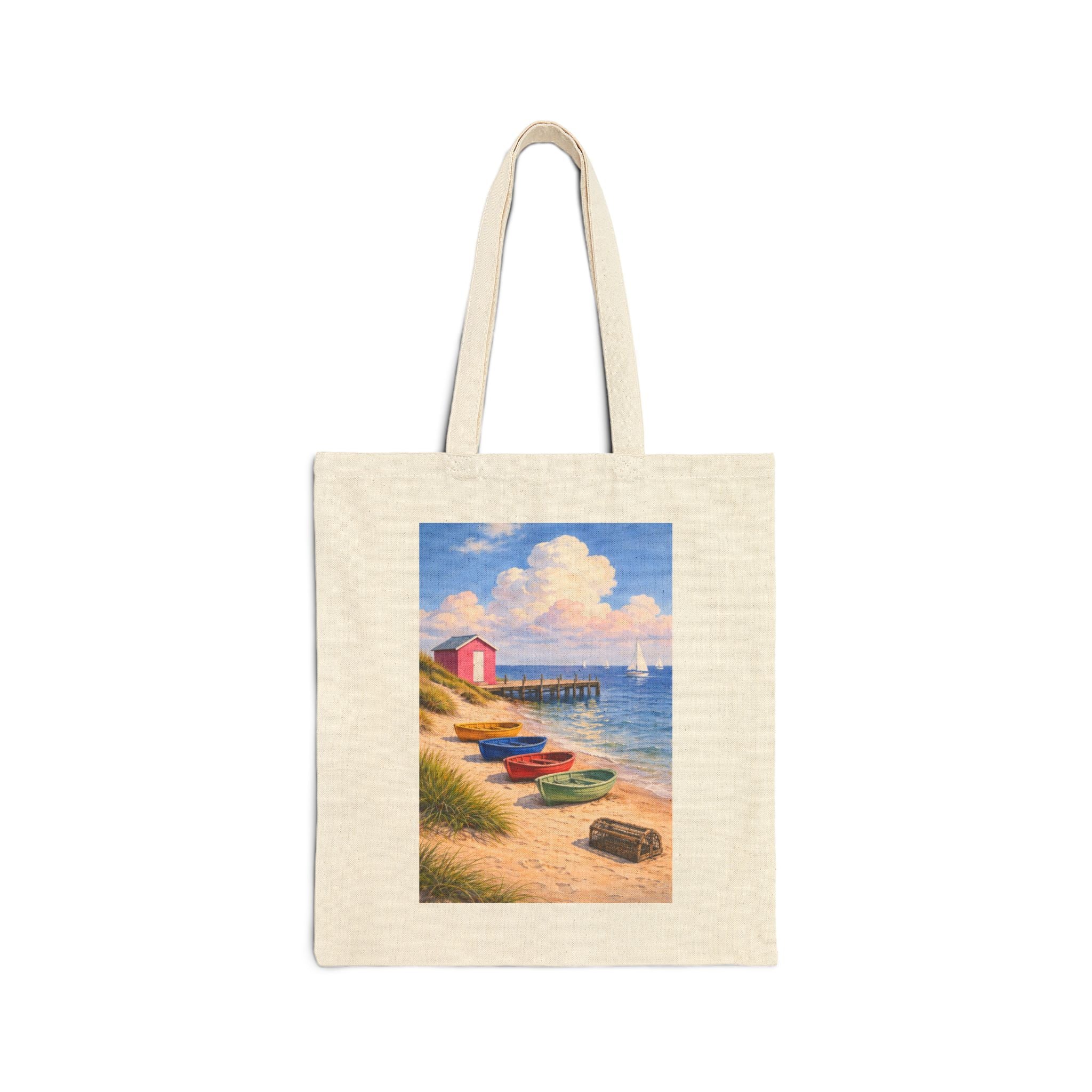 Beach Scene Canvas Tote Bag – Colorful Rowboats & Pier Coastal Artwork