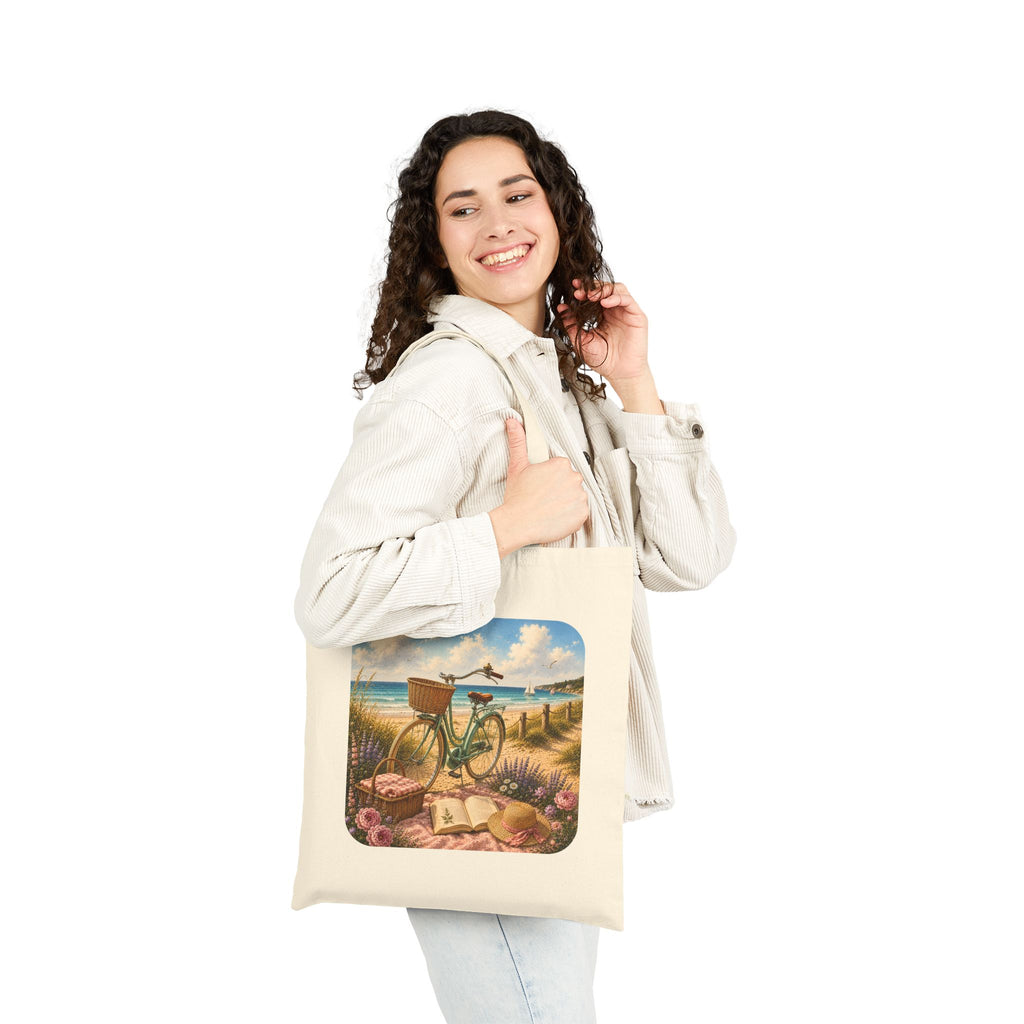 Beach Bicycle Tote Bag — Vintage Coastal Canvas Tote (Summer Picnic, “Bike by the Sea” Design)