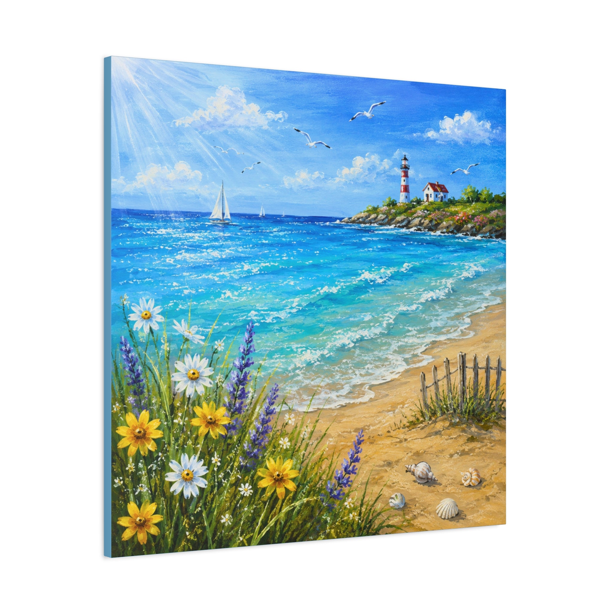 Coastal Lighthouse Beach Canvas Print — Seaside Floral Wall Art (Matte Stretched)