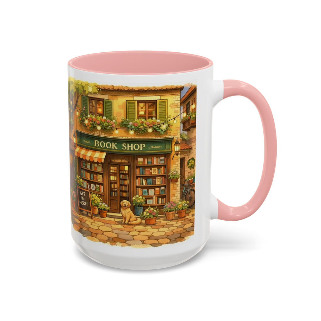 Bookshop Coffee Mug — Cozy Village Bookstore Illustration Accent Mug for Book and Dog Lovers (15oz)