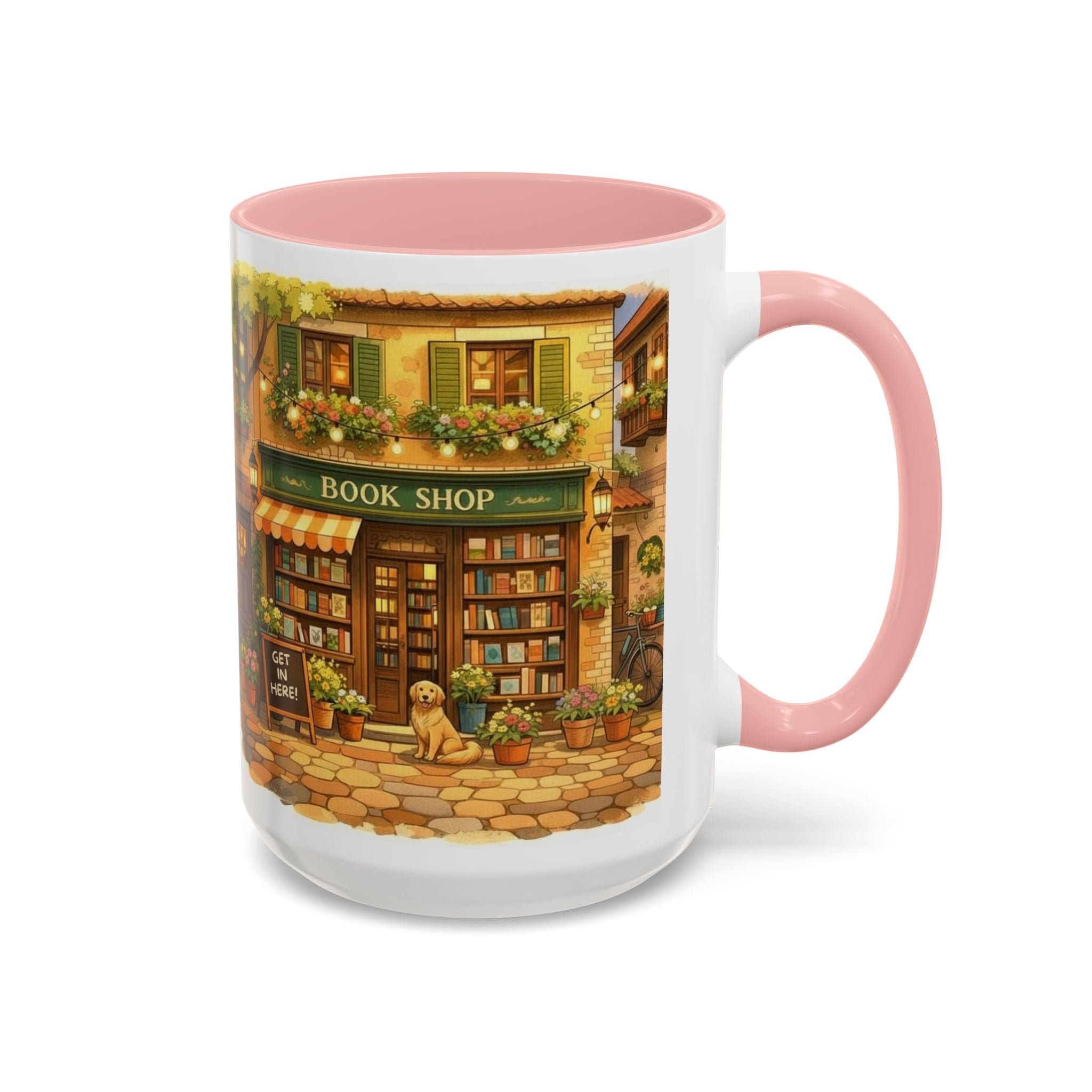 Bookshop Coffee Mug — Cozy Village Bookstore Illustration Accent Mug for Book and Dog Lovers (15oz)