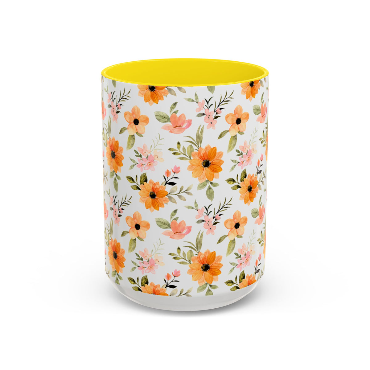 Floral Orange Watercolor Accent Mug — Bright Spring Coffee Cup (11/15 oz)