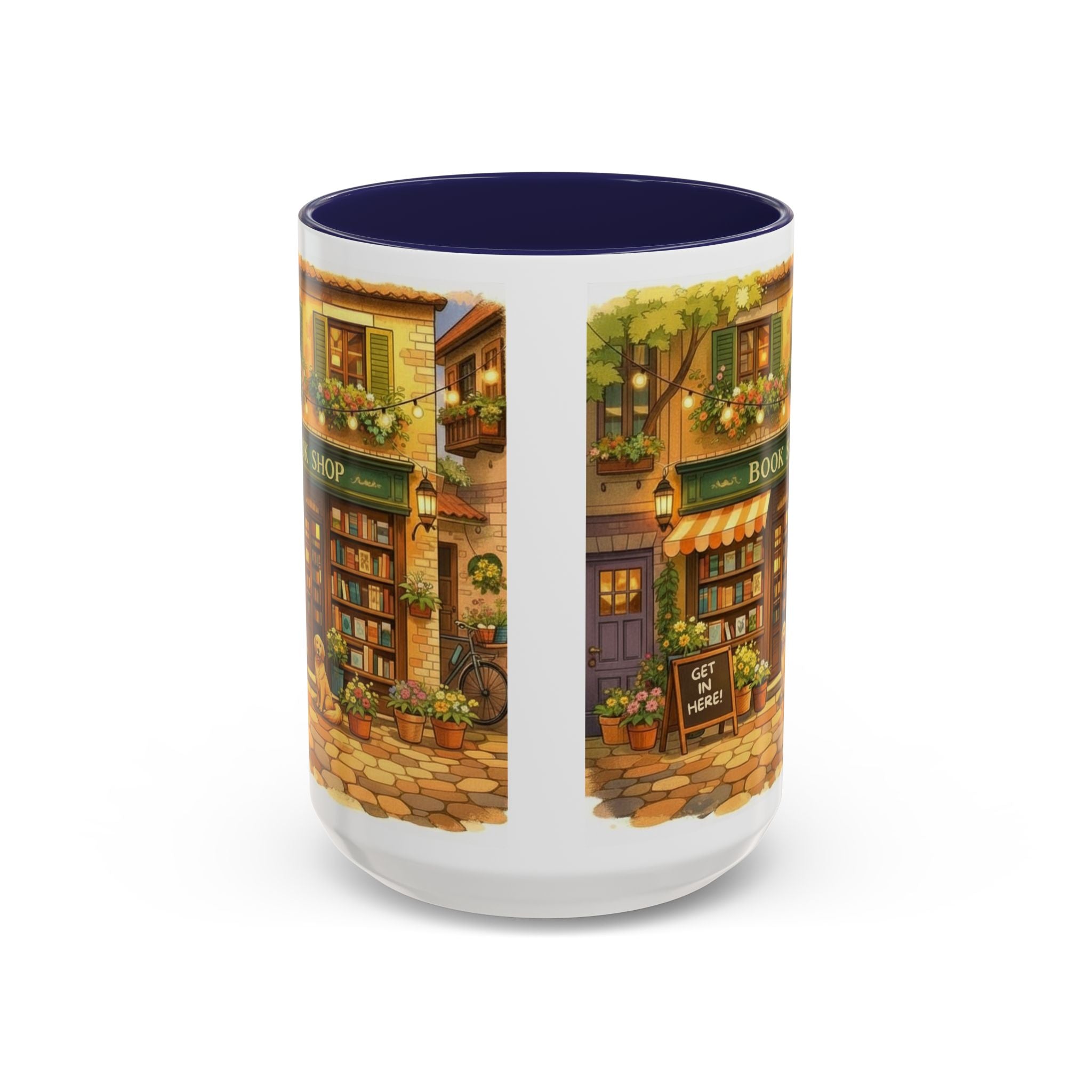 Bookshop Coffee Mug — Cozy Village Bookstore Illustration Accent Mug for Book and Dog Lovers (15oz)