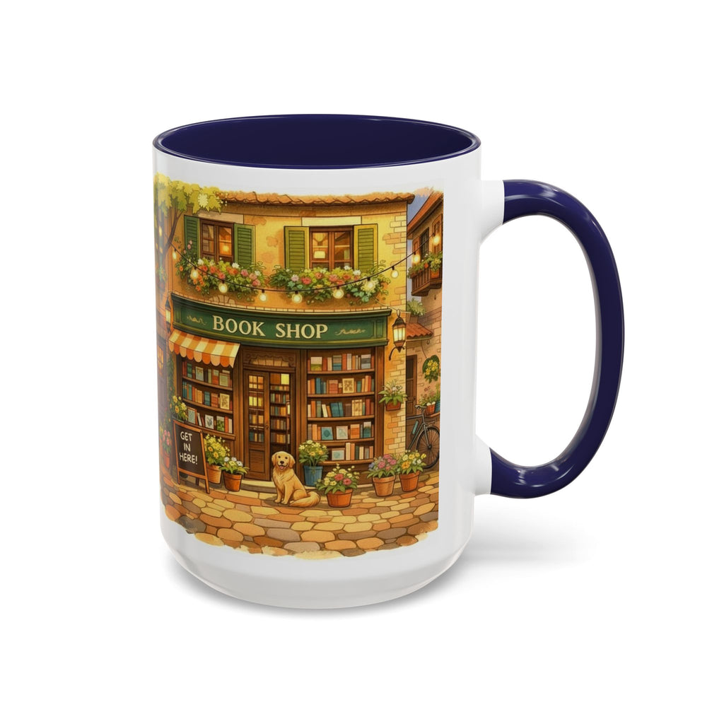 Bookshop Coffee Mug — Cozy Village Bookstore Illustration Accent Mug for Book and Dog Lovers (15oz)