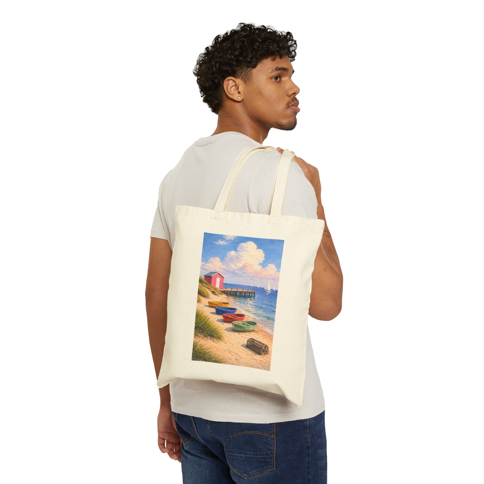 Beach Scene Canvas Tote Bag – Colorful Rowboats & Pier Coastal Artwork