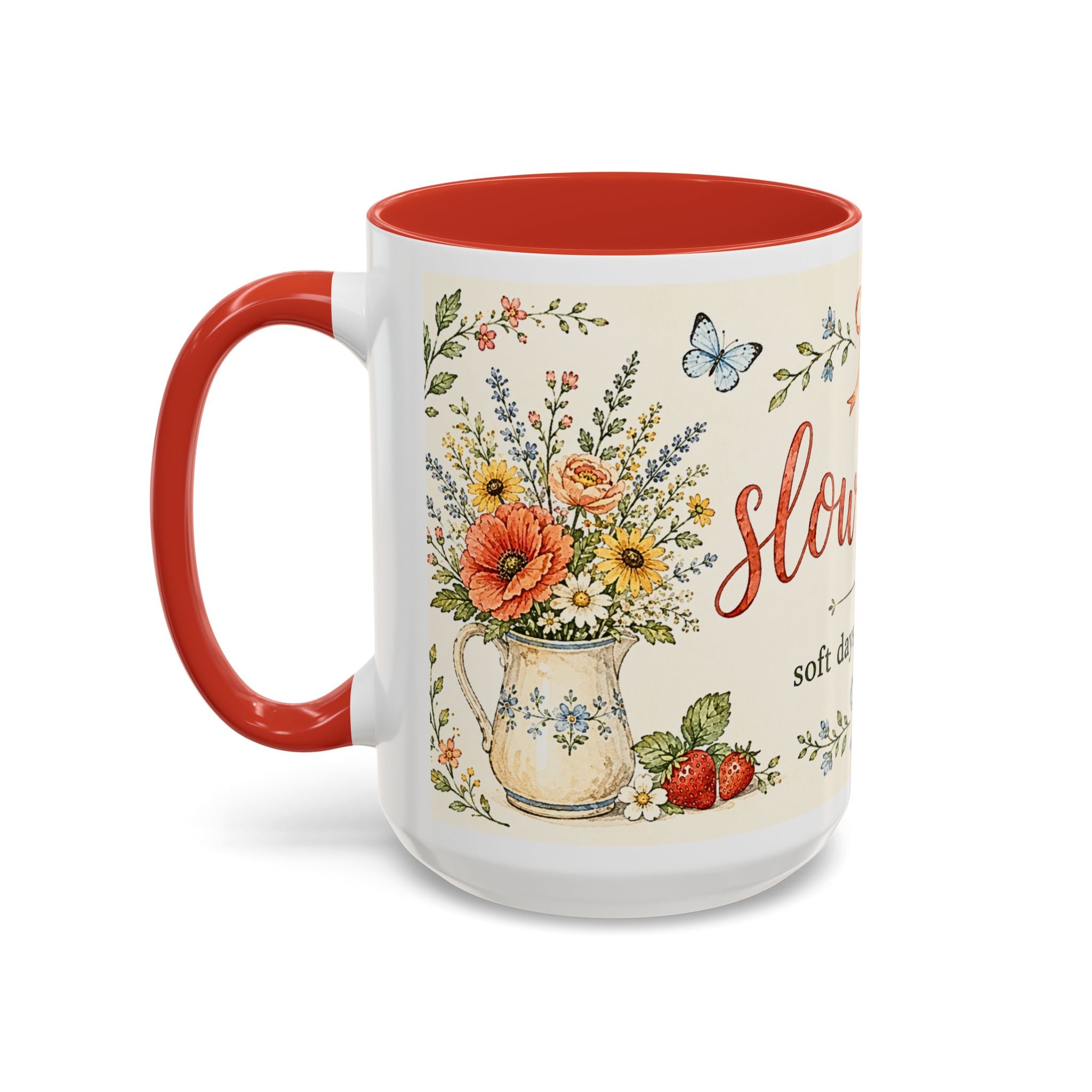 Slow Living Coffee Mug — "soft days, simple joys" Floral Accent Mug