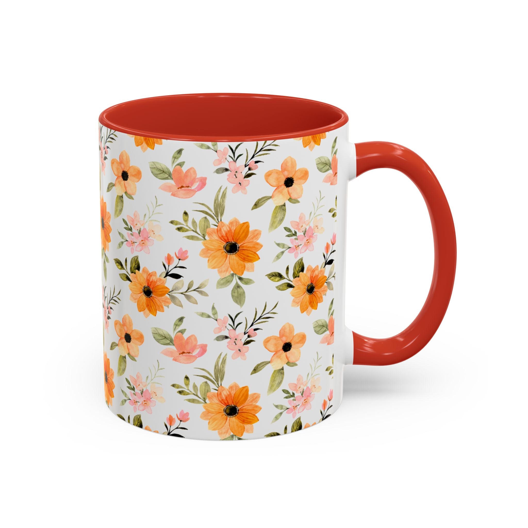 Floral Orange Watercolor Accent Mug — Bright Spring Coffee Cup (11/15 oz)