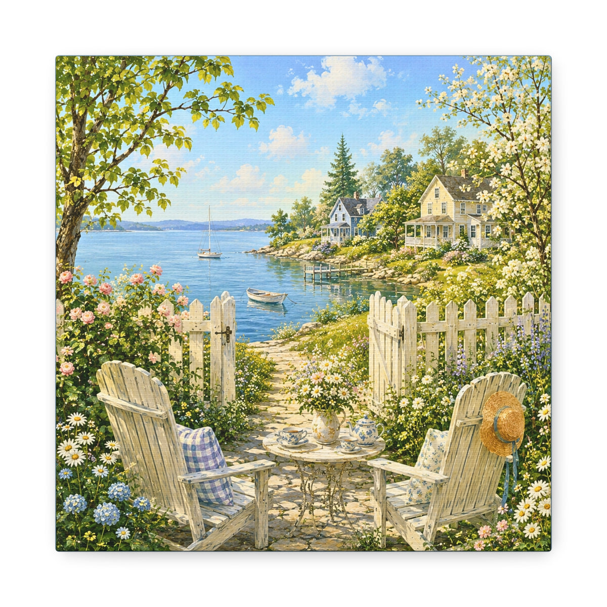 Seaside Cottage Canvas Art – Sunny Coastal Garden Path Matte Stretched Wall Decor