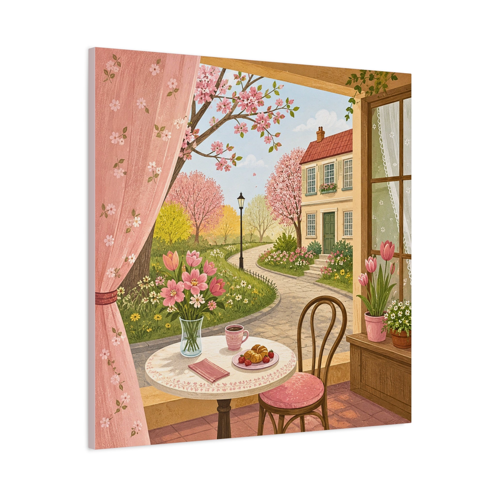 Spring Cottage Café Canvas Wall Art — Cozy Window Scene with Flowers and Pastries