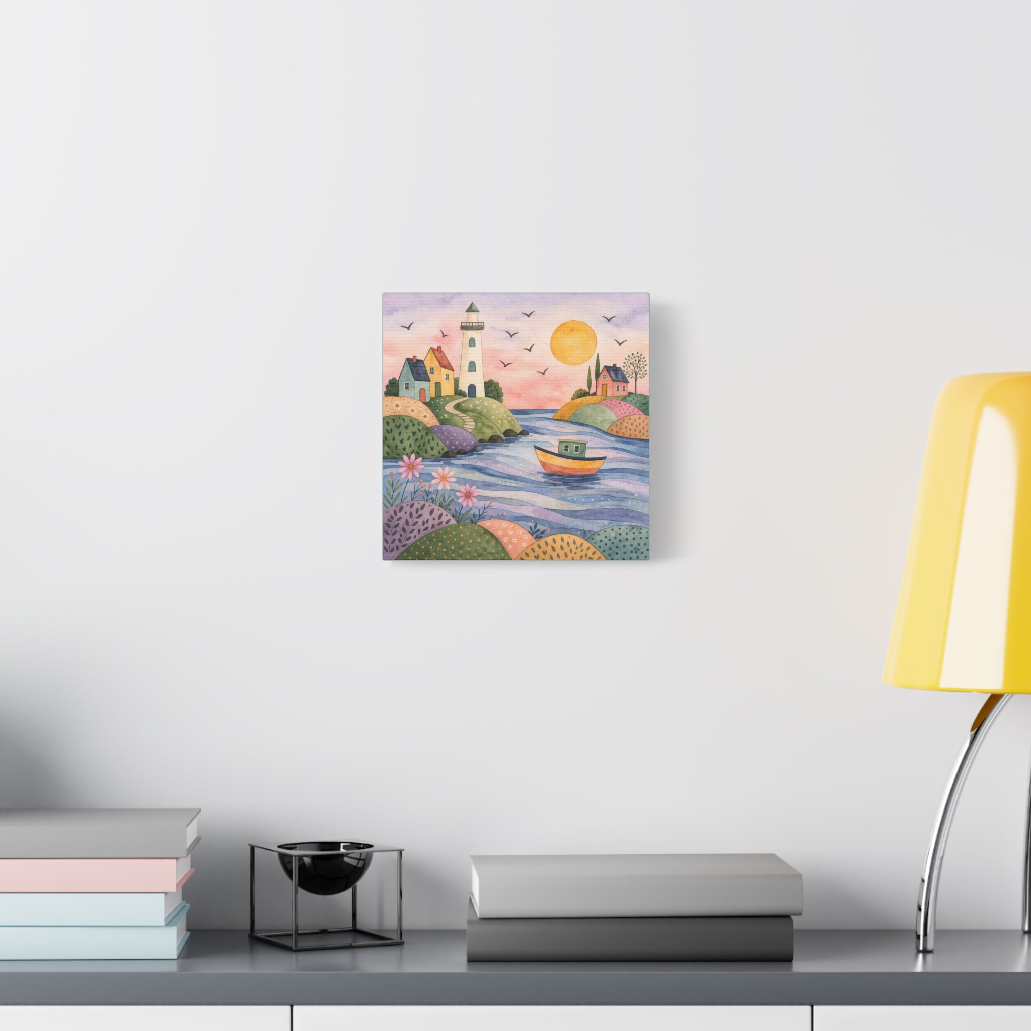 Coastal Lighthouse Art Canvas - Whimsical Seaside Watercolor Wall Decor
