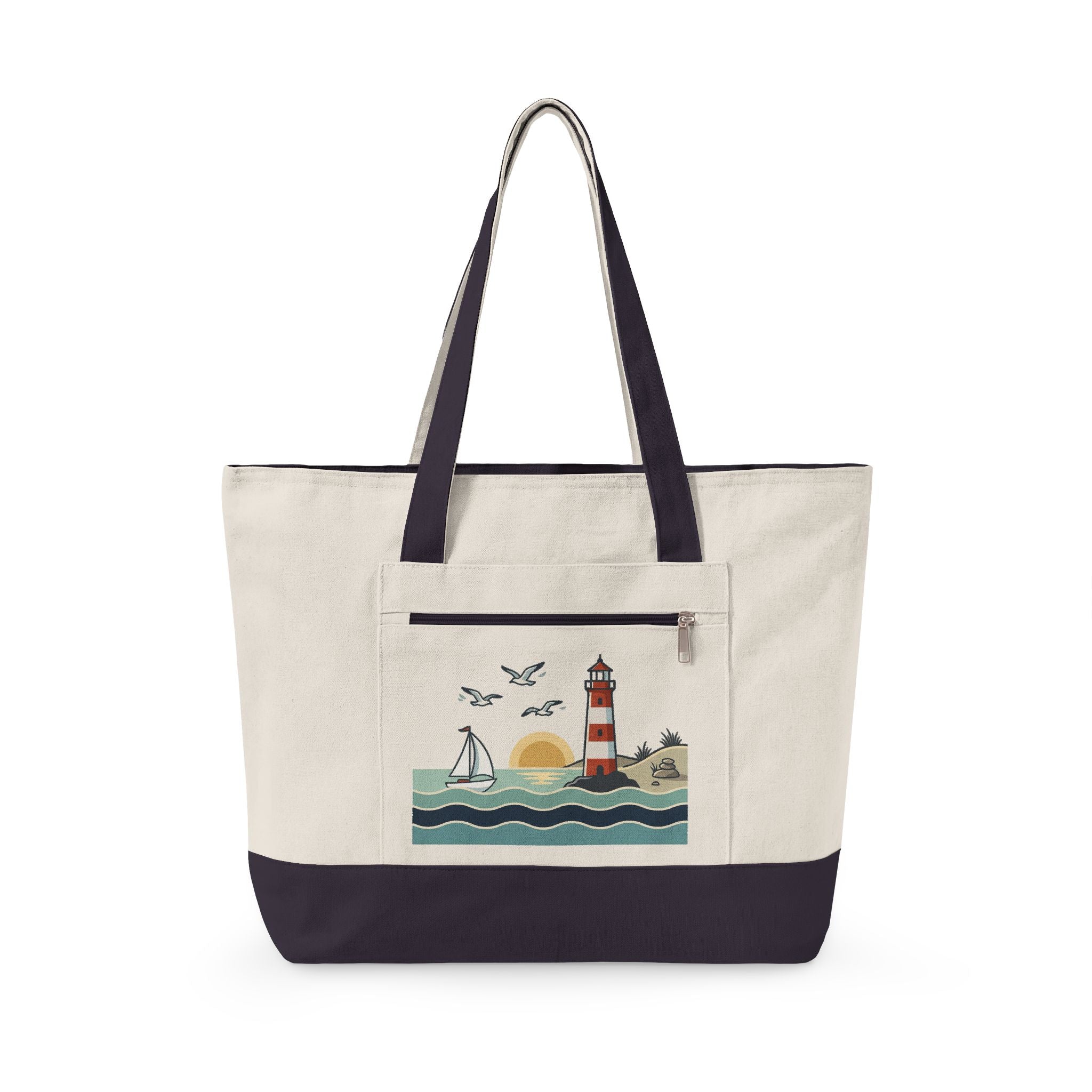 Lighthouse Sunset Canvas Tote Bag — Zippered Beach Tote with Sailboat Design
