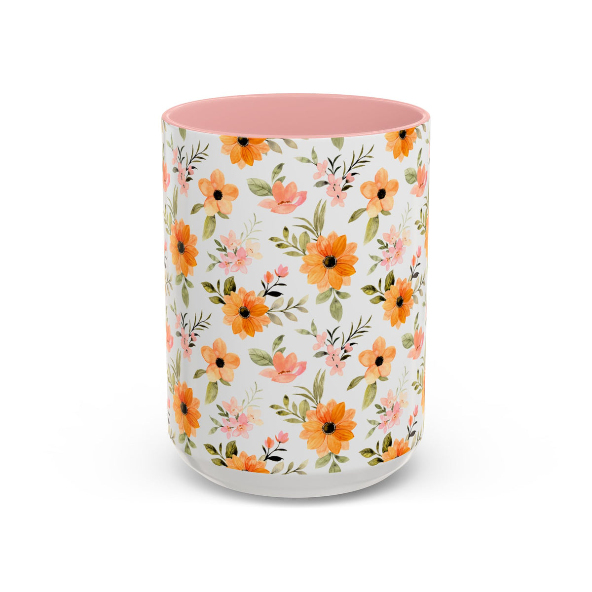 Floral Orange Watercolor Accent Mug — Bright Spring Coffee Cup (11/15 oz)