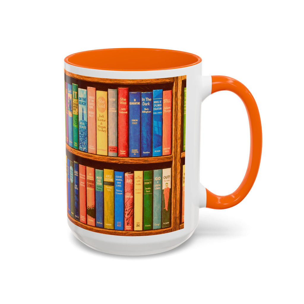 Booklover Accent Coffee Mug – Colorful Bookshelf Design (15 oz)