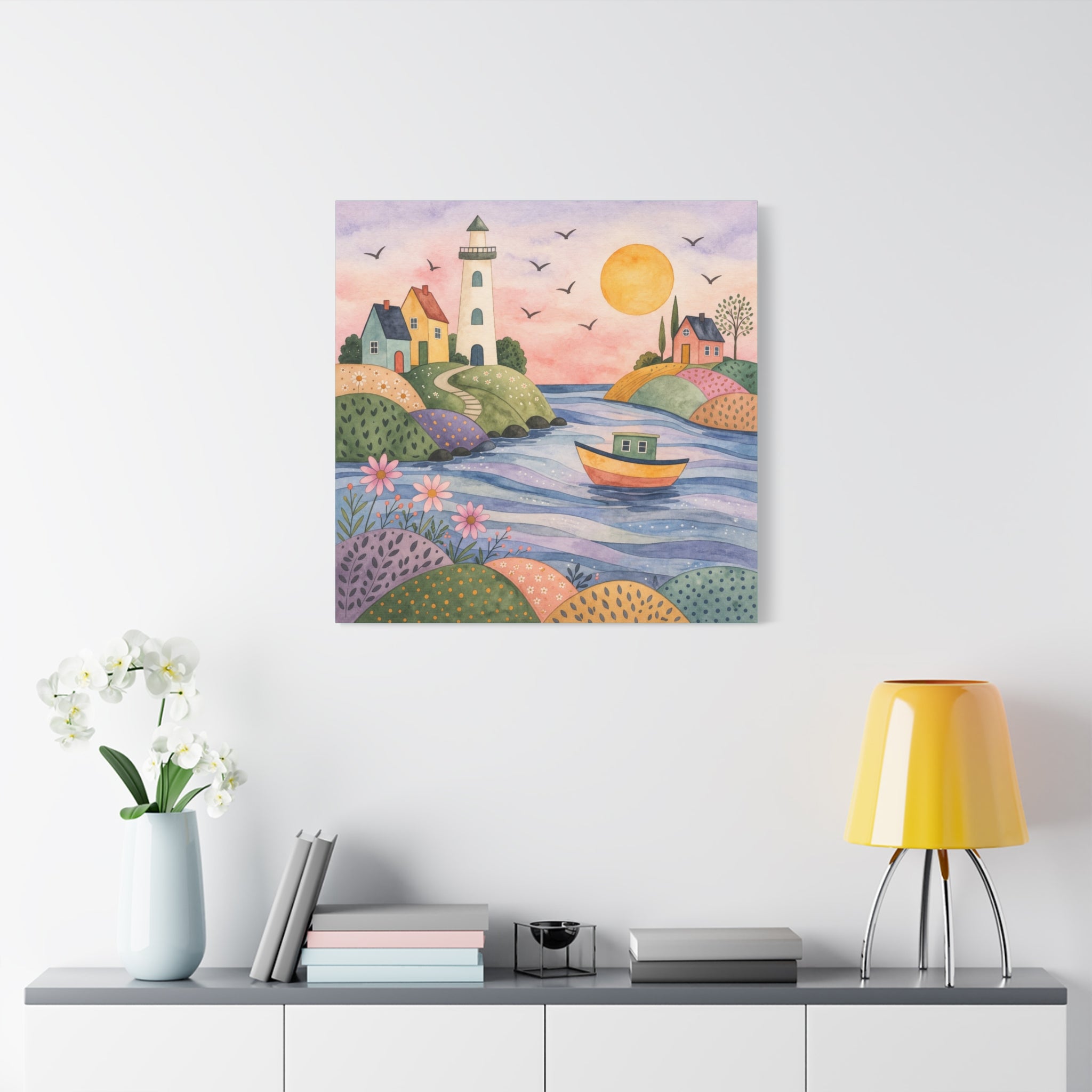 Coastal Lighthouse Art Canvas - Whimsical Seaside Watercolor Wall Decor