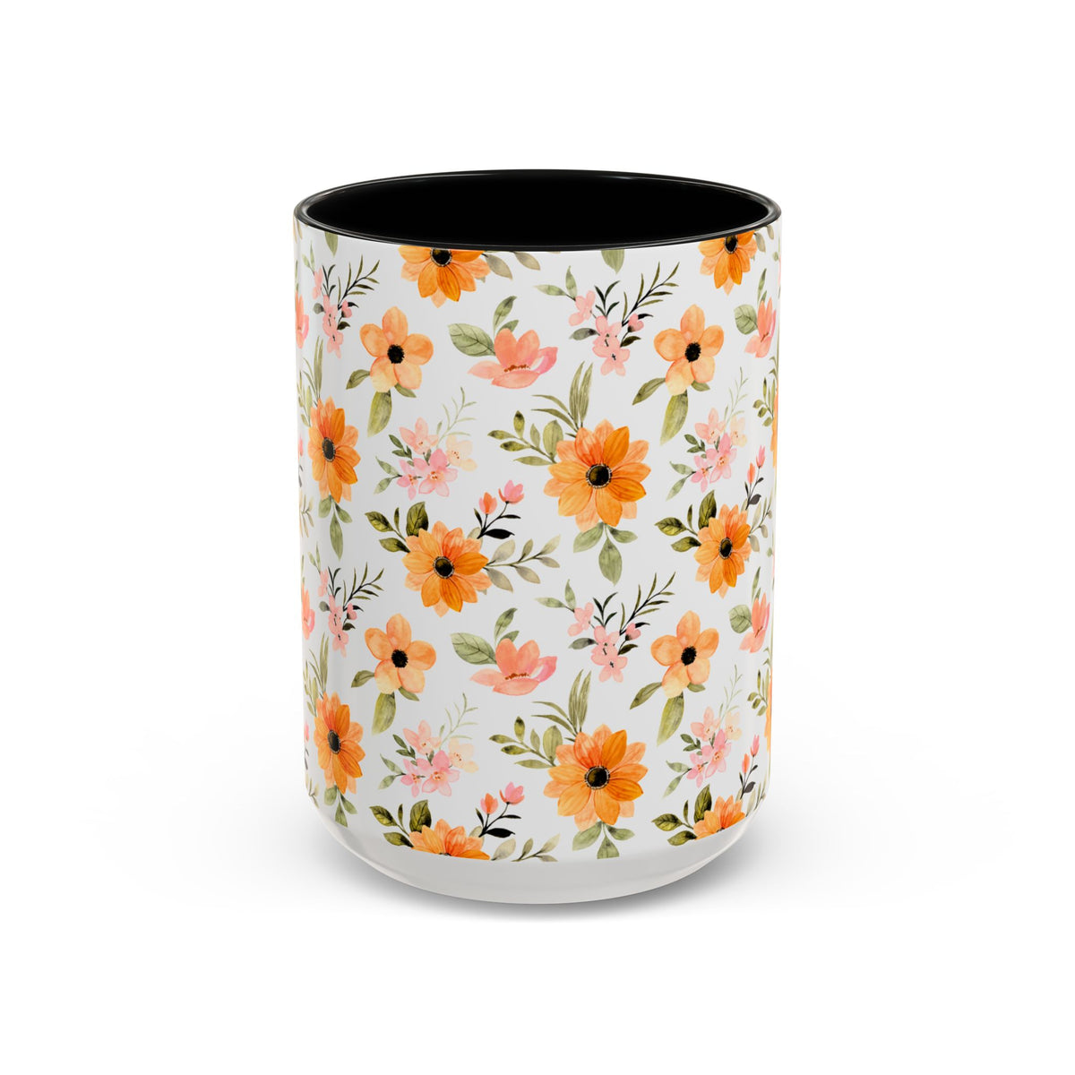 Floral Orange Watercolor Accent Mug — Bright Spring Coffee Cup (11/15 oz)
