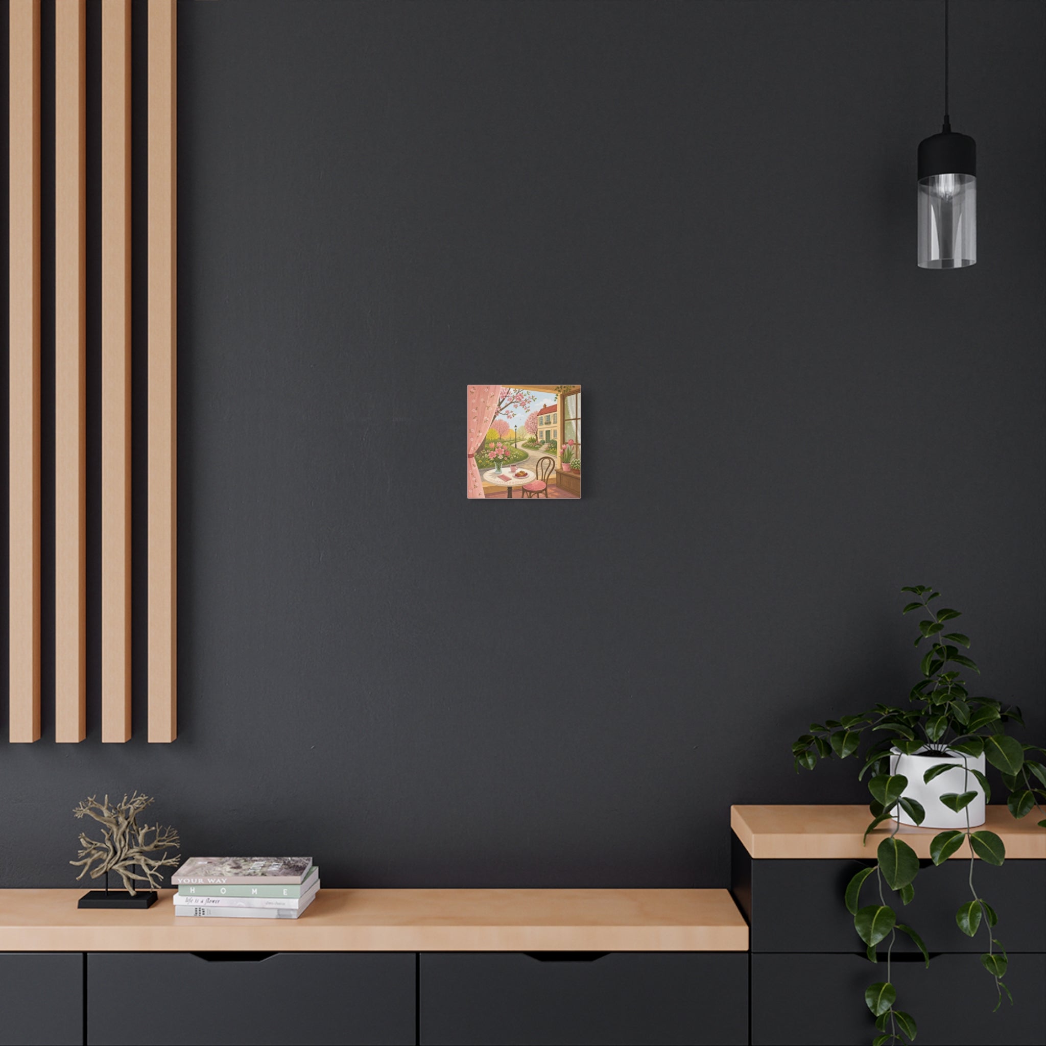 Spring Cottage Café Canvas Wall Art — Cozy Window Scene with Flowers and Pastries