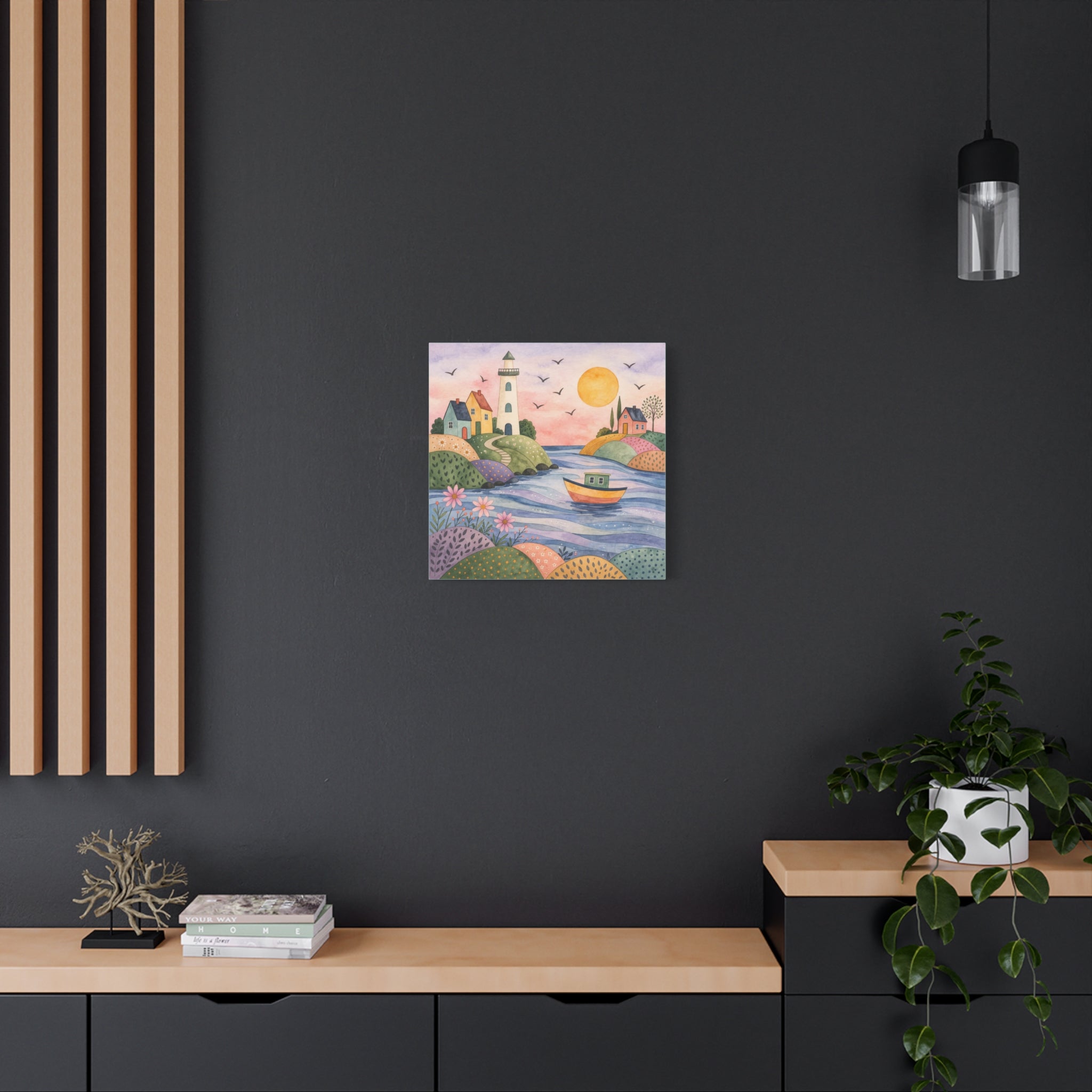 Coastal Lighthouse Art Canvas - Whimsical Seaside Watercolor Wall Decor