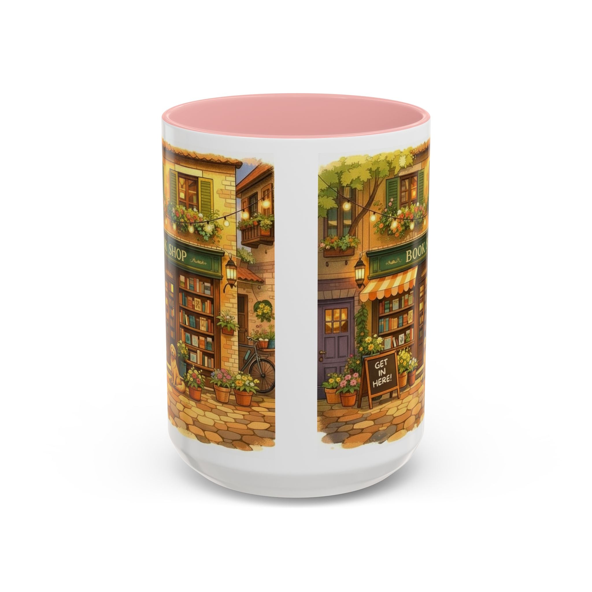 Bookshop Coffee Mug — Cozy Village Bookstore Illustration Accent Mug for Book and Dog Lovers (15oz)