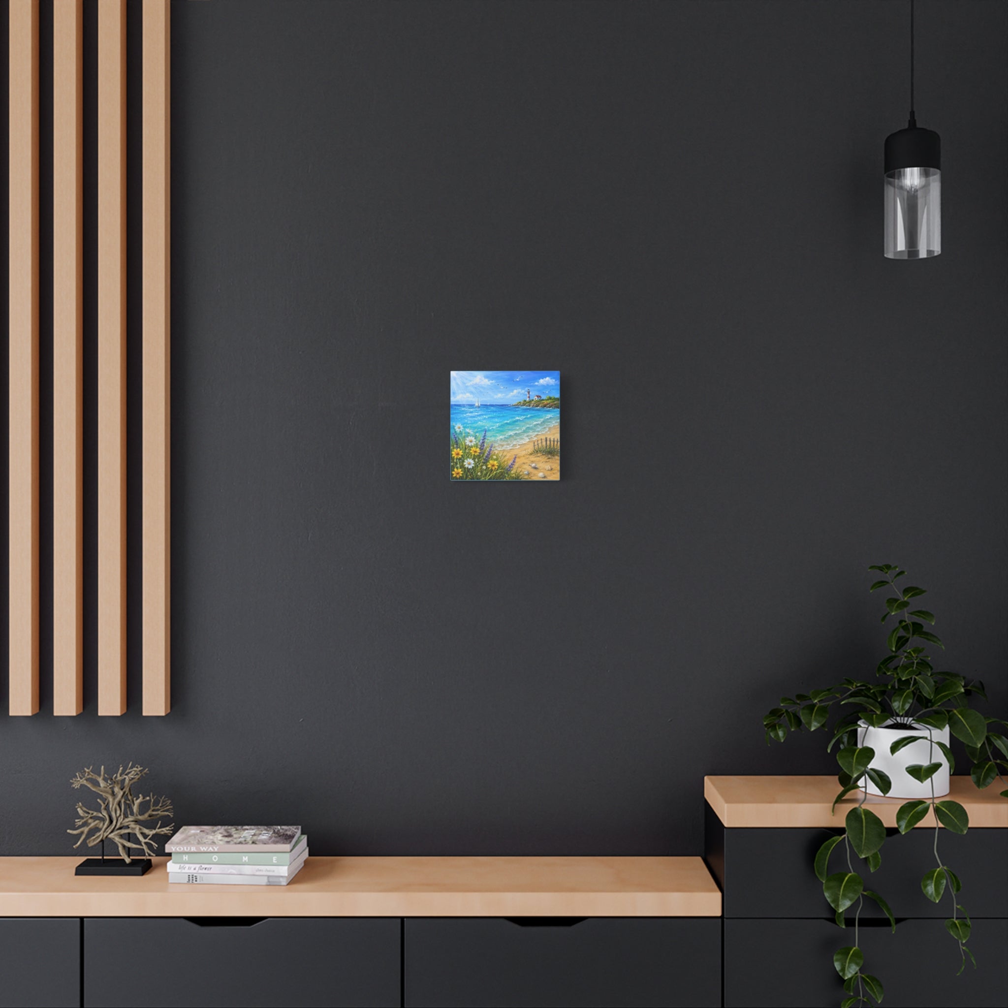 Coastal Lighthouse Beach Canvas Print — Seaside Floral Wall Art (Matte Stretched)