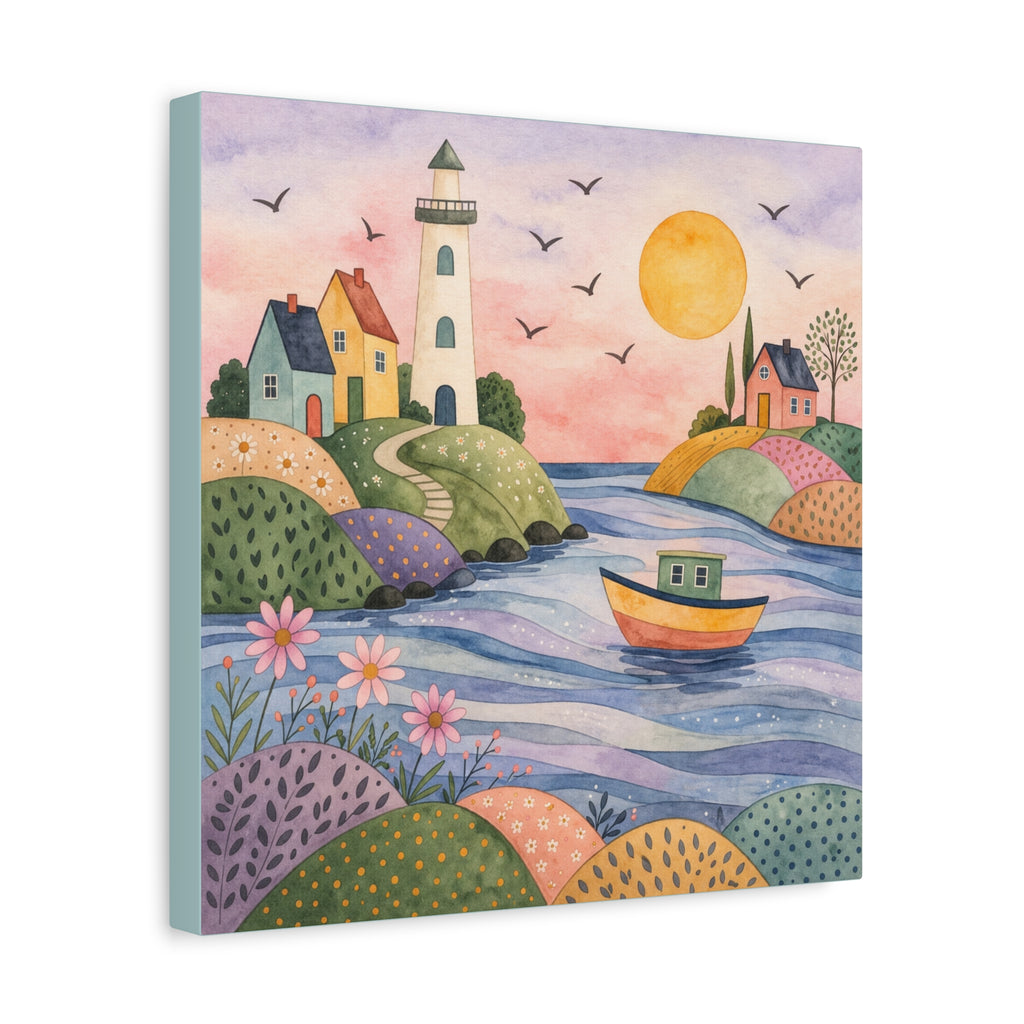Coastal Lighthouse Art Canvas - Whimsical Seaside Watercolor Wall Decor