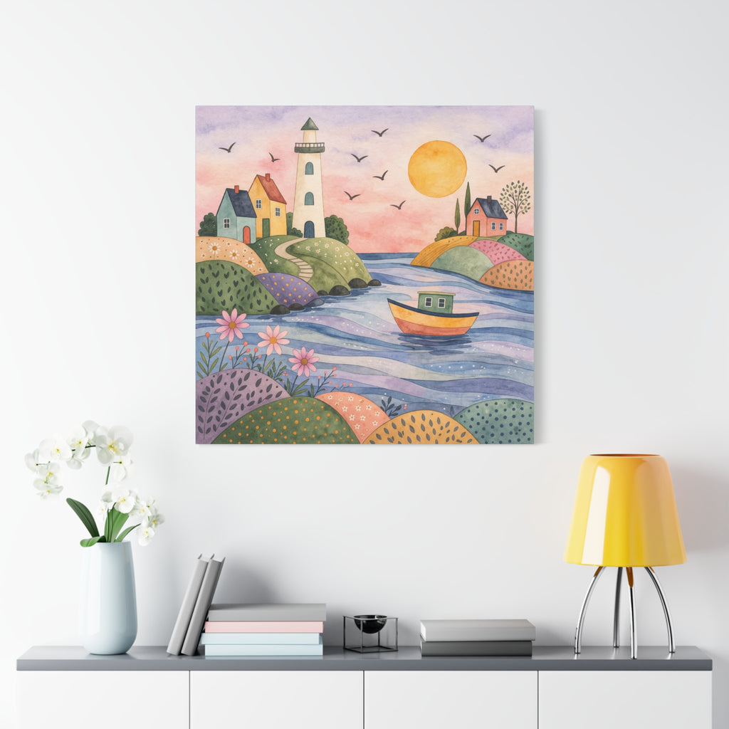 Coastal Lighthouse Art Canvas - Whimsical Seaside Watercolor Wall Decor