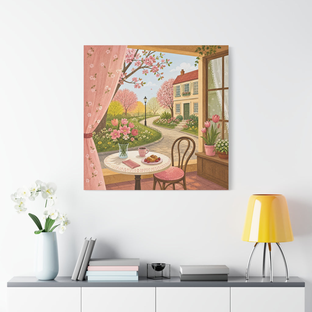 Spring Cottage Café Canvas Wall Art — Cozy Window Scene with Flowers and Pastries
