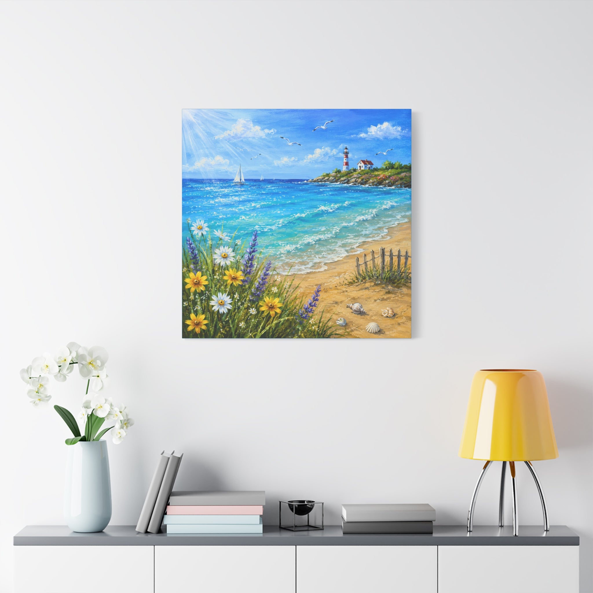 Coastal Lighthouse Beach Canvas Print — Seaside Floral Wall Art (Matte Stretched)