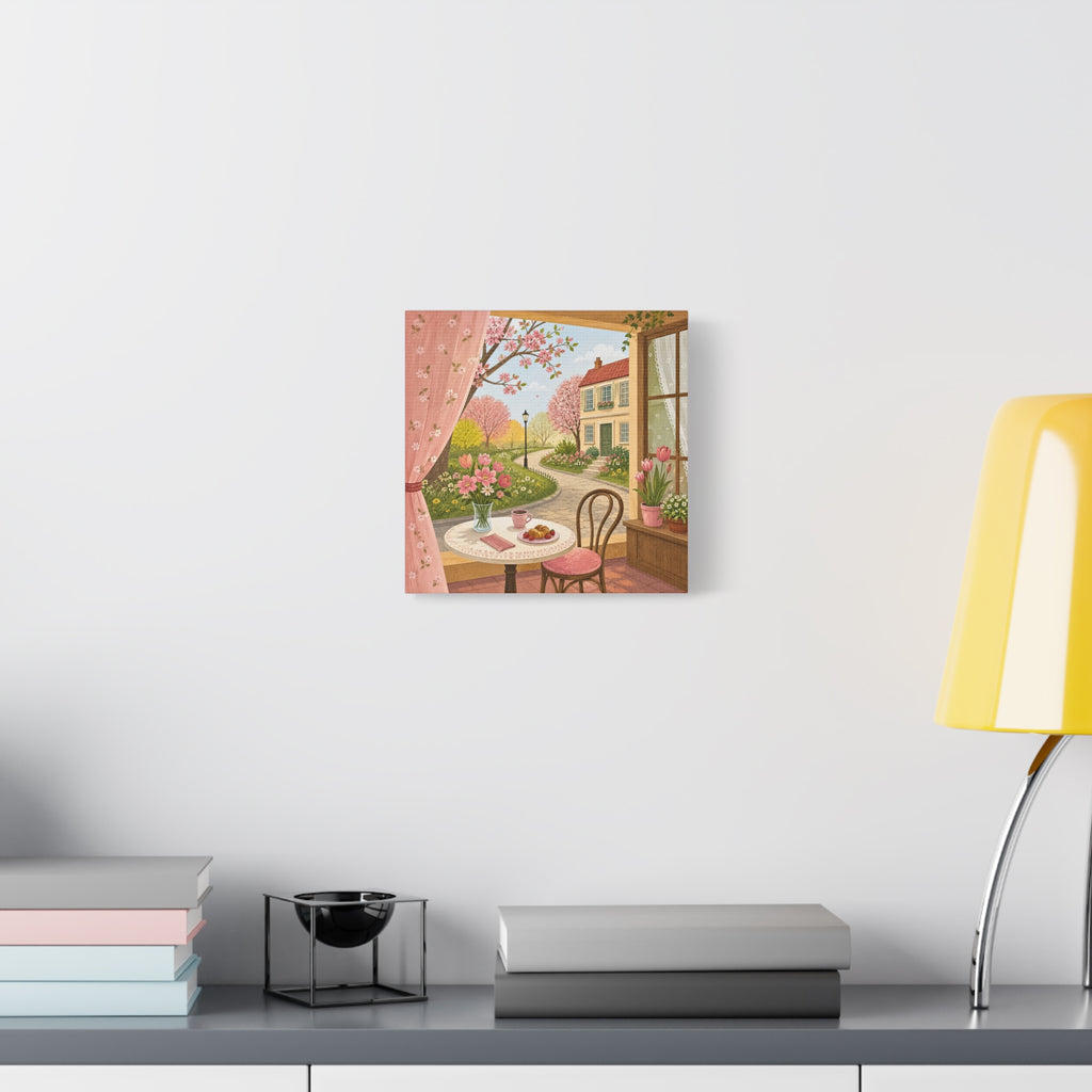 Spring Cottage Café Canvas Wall Art — Cozy Window Scene with Flowers and Pastries