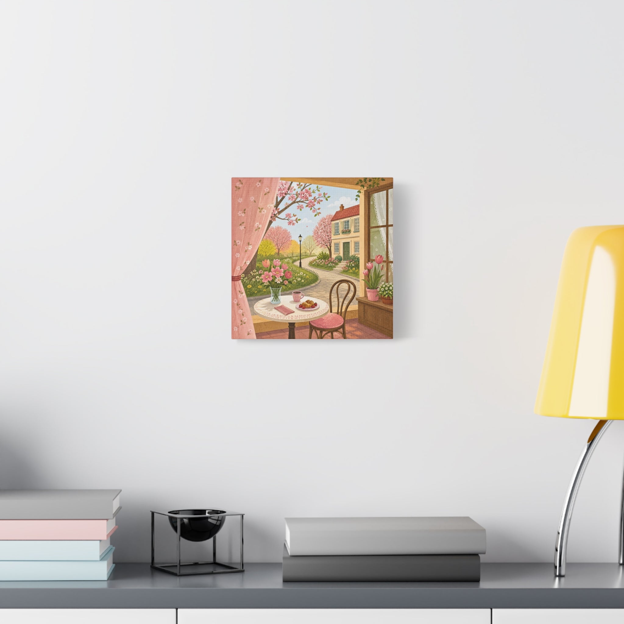 Spring Cottage Café Canvas Wall Art — Cozy Window Scene with Flowers and Pastries