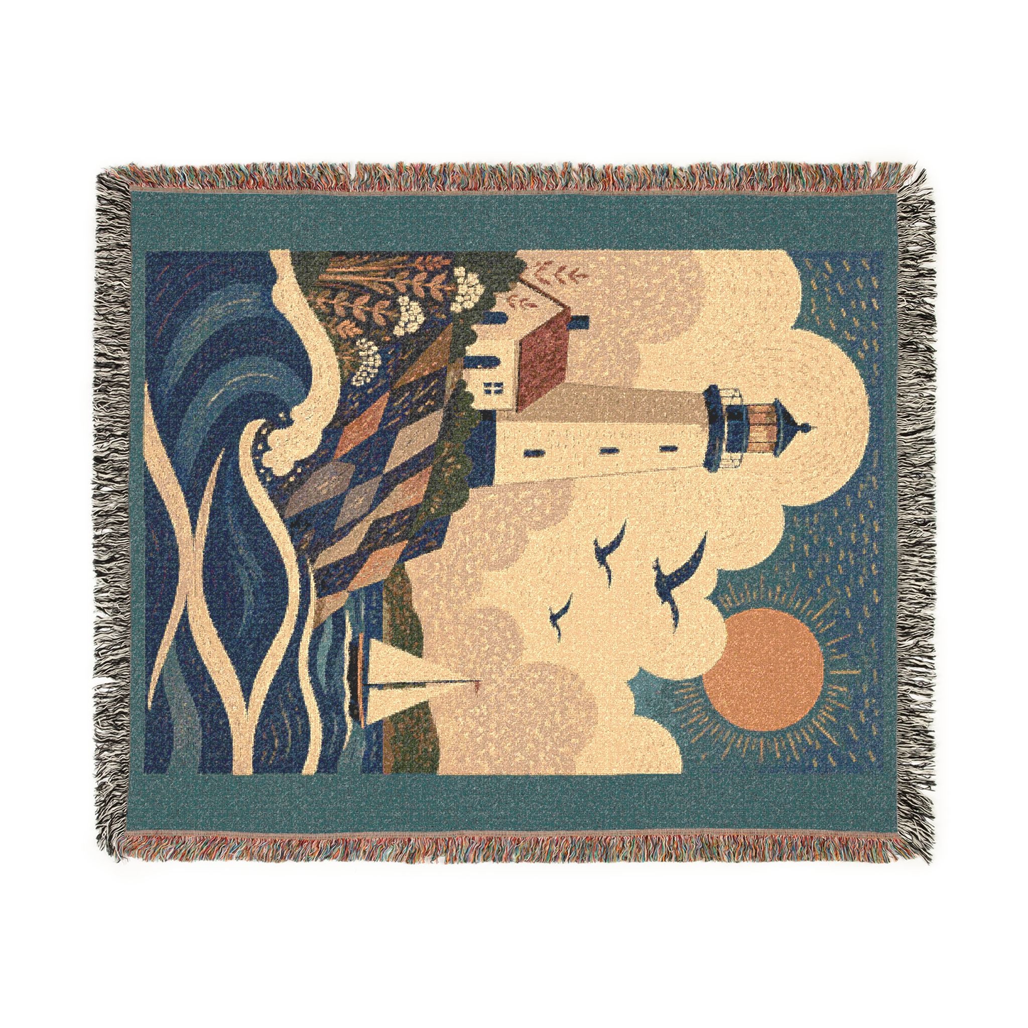 Lighthouse Coastal Woven Blanket — Nautical Sunset Throw