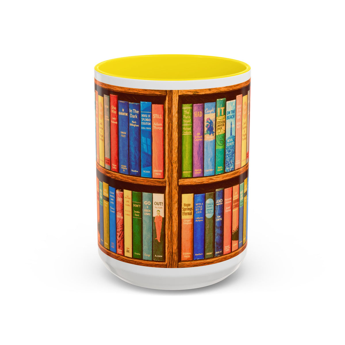 Booklover Accent Coffee Mug – Colorful Bookshelf Design (15 oz)