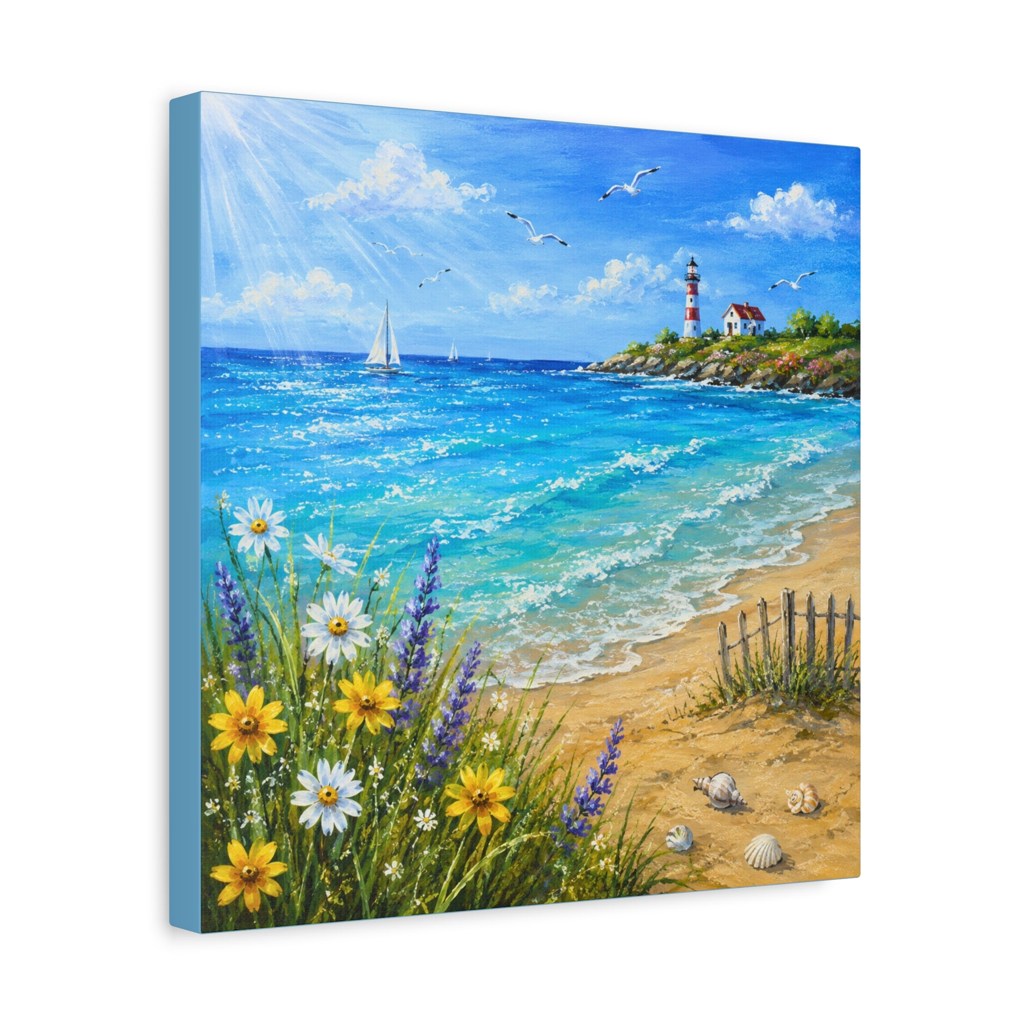Coastal Lighthouse Beach Canvas Print — Seaside Floral Wall Art (Matte Stretched)