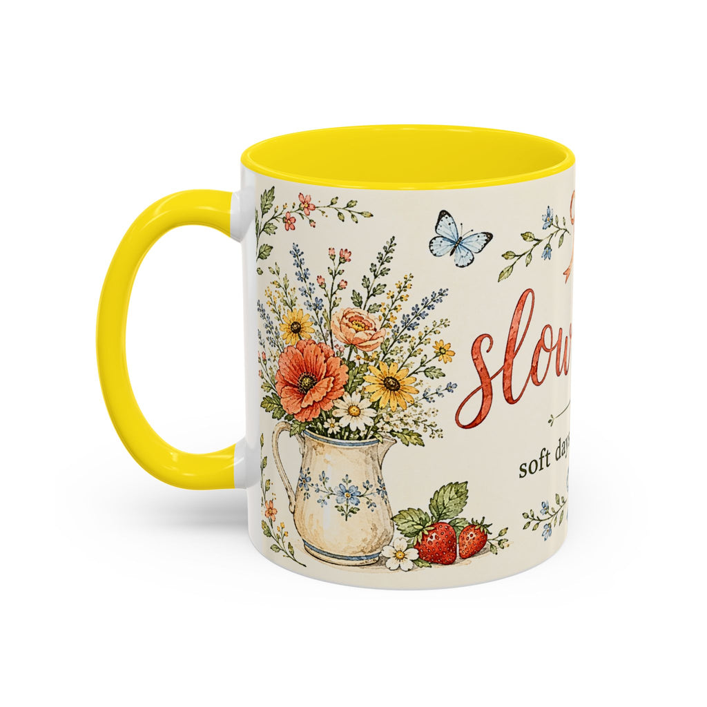 Slow Living Coffee Mug — "soft days, simple joys" Floral Accent Mug