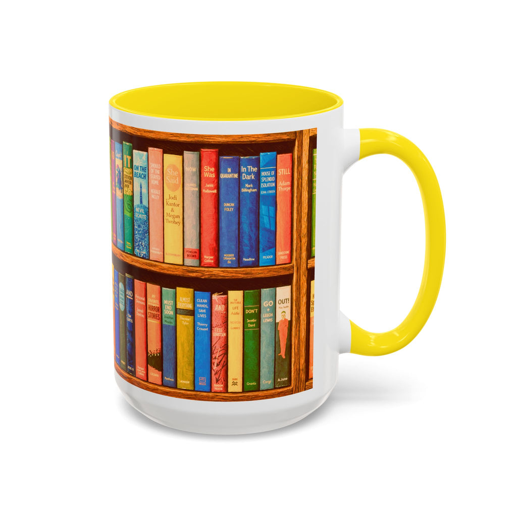 Booklover Accent Coffee Mug – Colorful Bookshelf Design (15 oz)