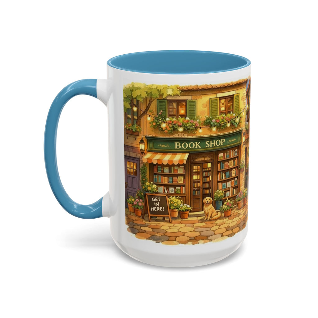 Bookshop Coffee Mug — Cozy Village Bookstore Illustration Accent Mug for Book and Dog Lovers (15oz)