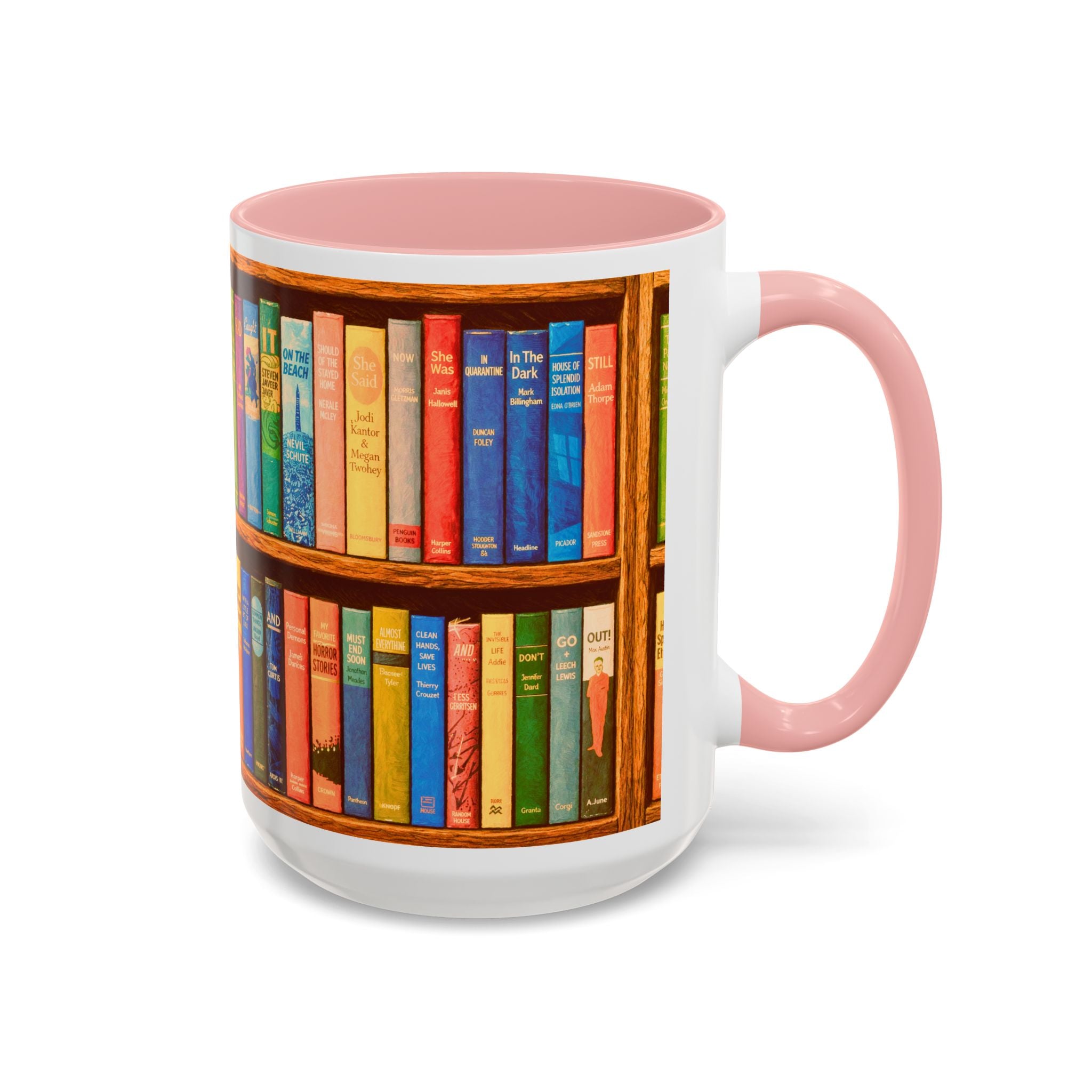 Booklover Accent Coffee Mug – Colorful Bookshelf Design (15 oz)