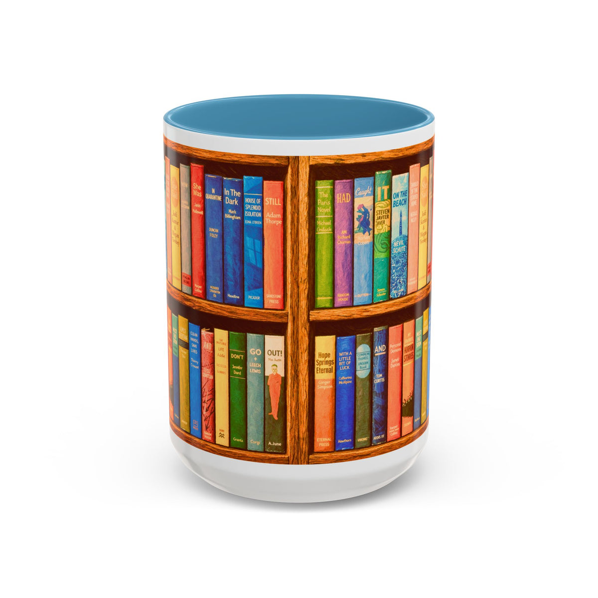Booklover Accent Coffee Mug – Colorful Bookshelf Design (15 oz)