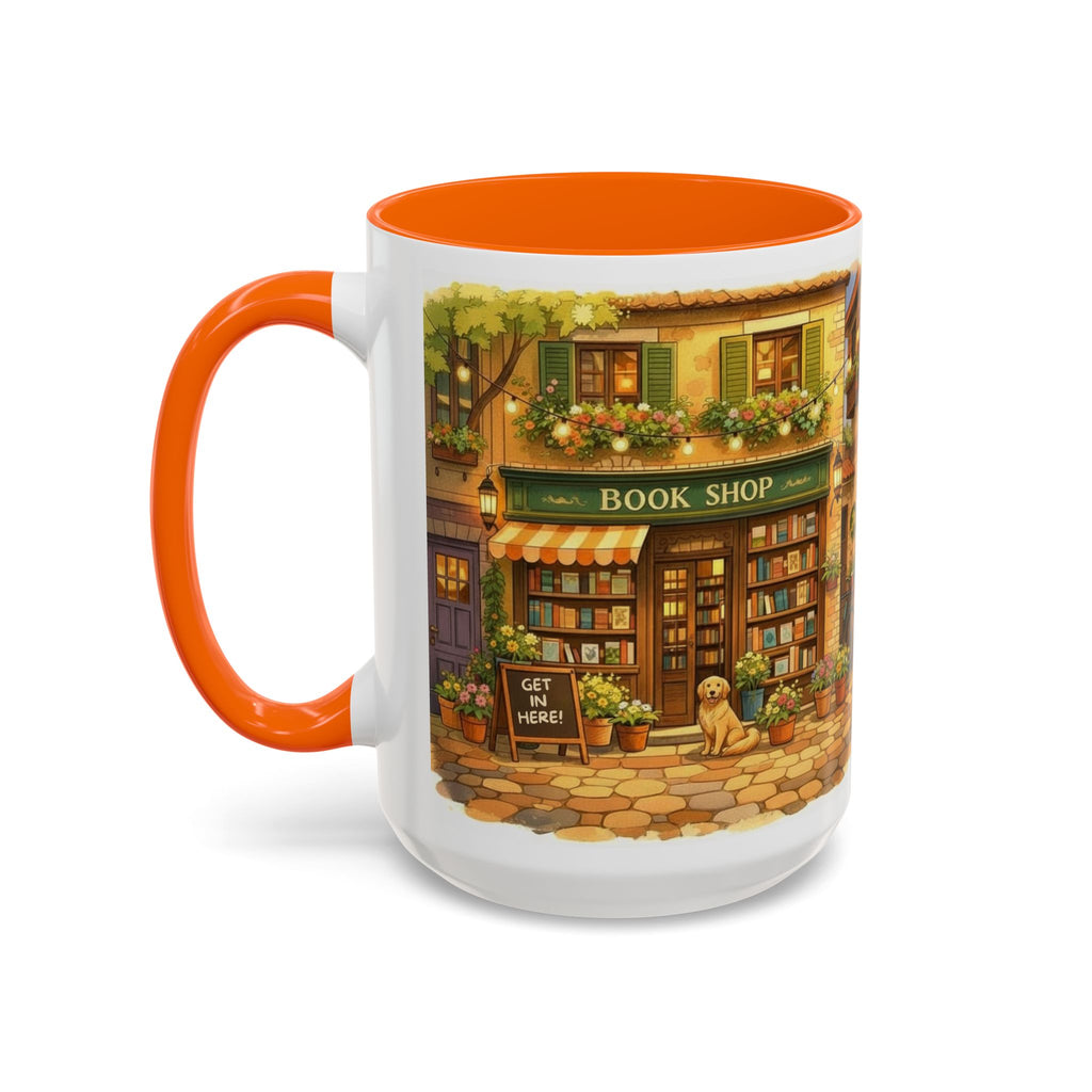 Bookshop Coffee Mug — Cozy Village Bookstore Illustration Accent Mug for Book and Dog Lovers (15oz)