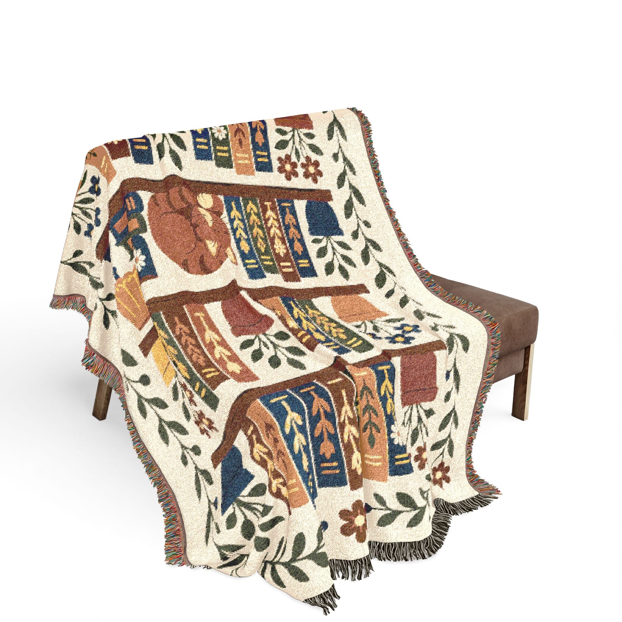 Library Bookcase with Cat Woven Throw Blanket — Cozy Reading Room Decor