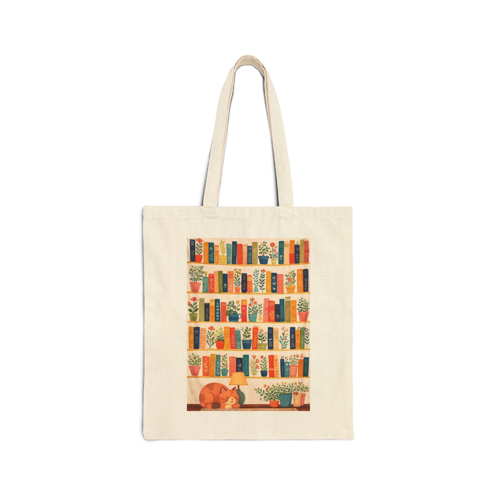 Book Lover Tote Bag — Cozy Bookshelf Illustration with Sleeping Cat