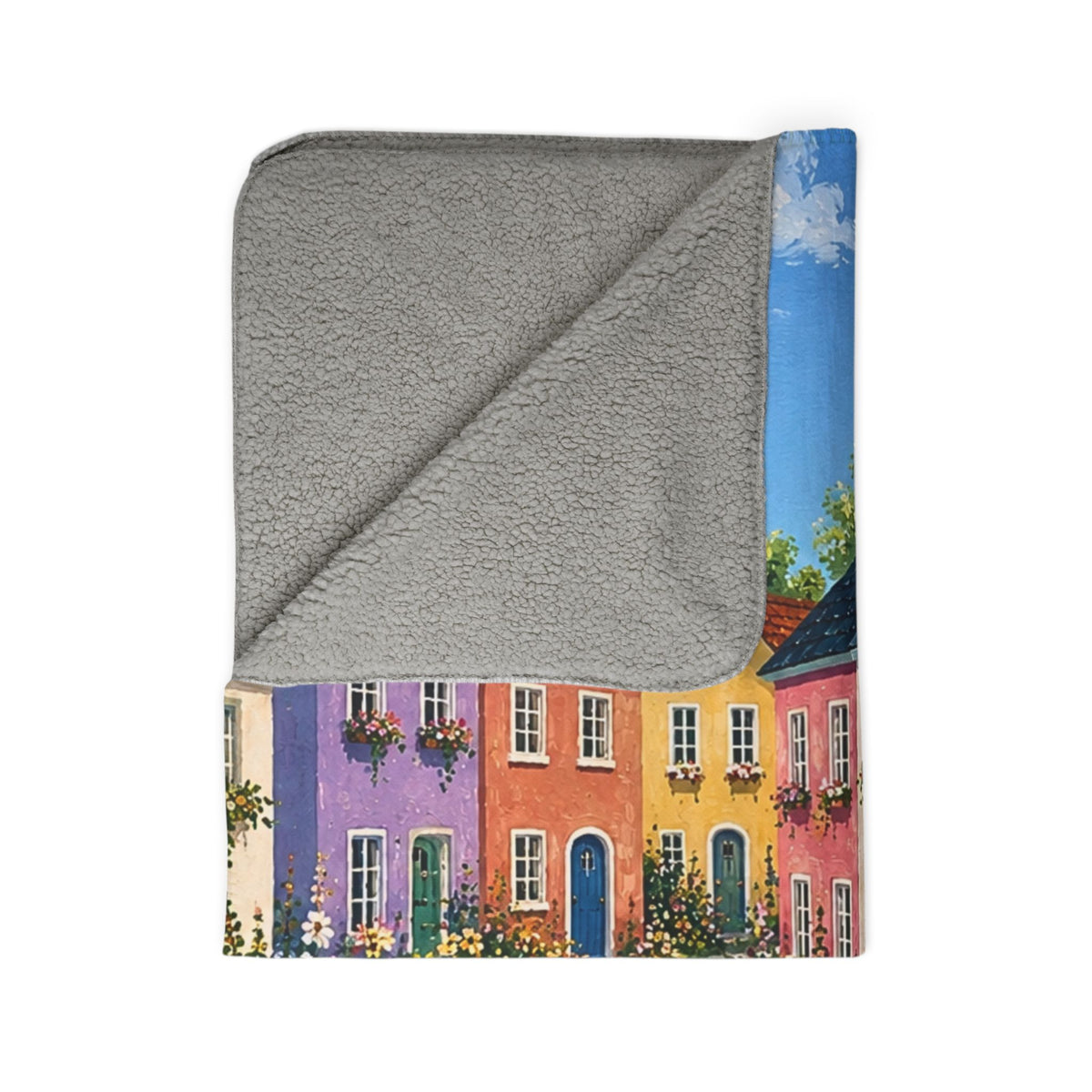Colorful Cottage Path Fleece Sherpa Blanket — Cozy Floral Village Throw