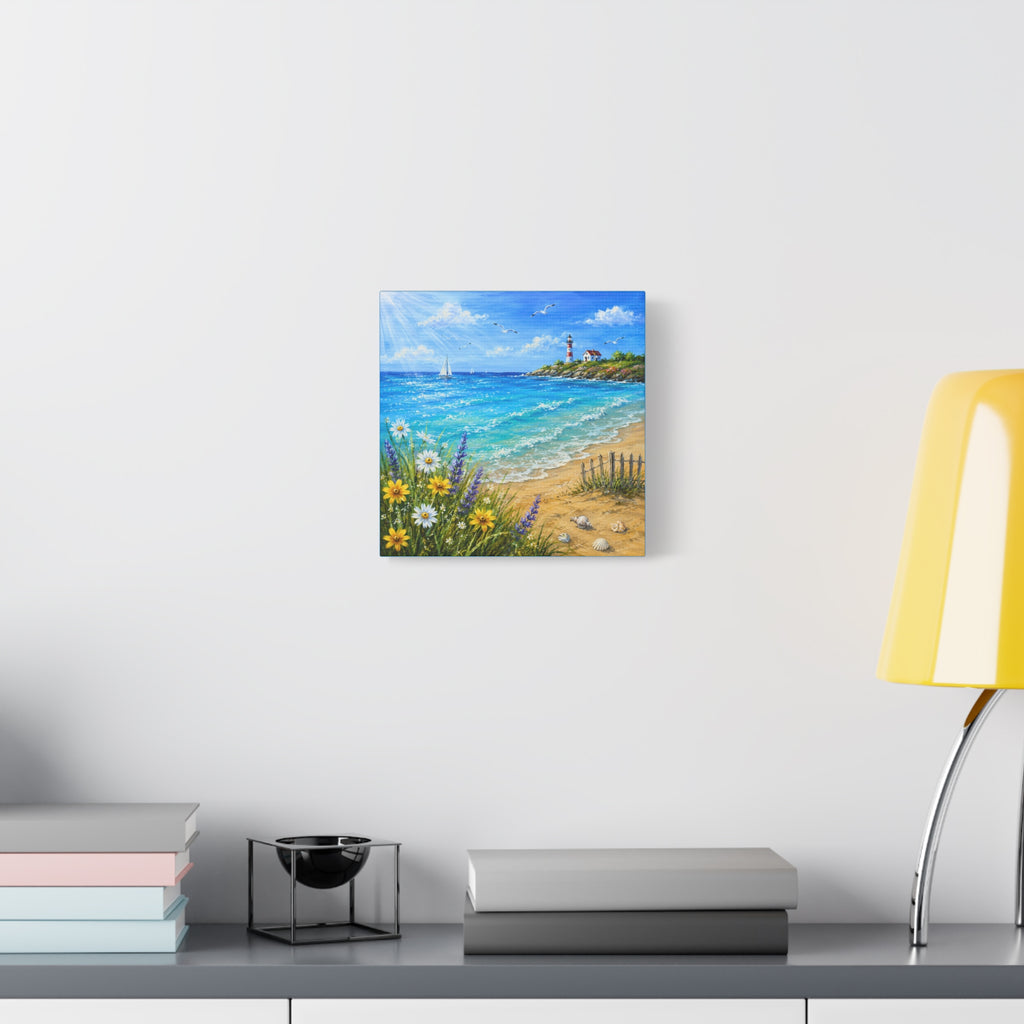 Coastal Lighthouse Beach Canvas Print — Seaside Floral Wall Art (Matte Stretched)