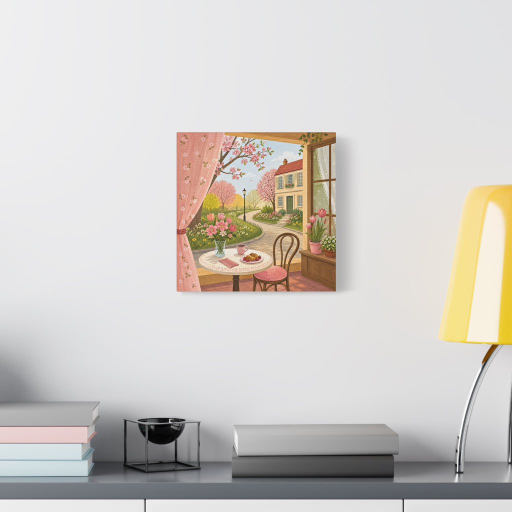 Spring Cottage Café Canvas Wall Art — Cozy Window Scene with Flowers and Pastries