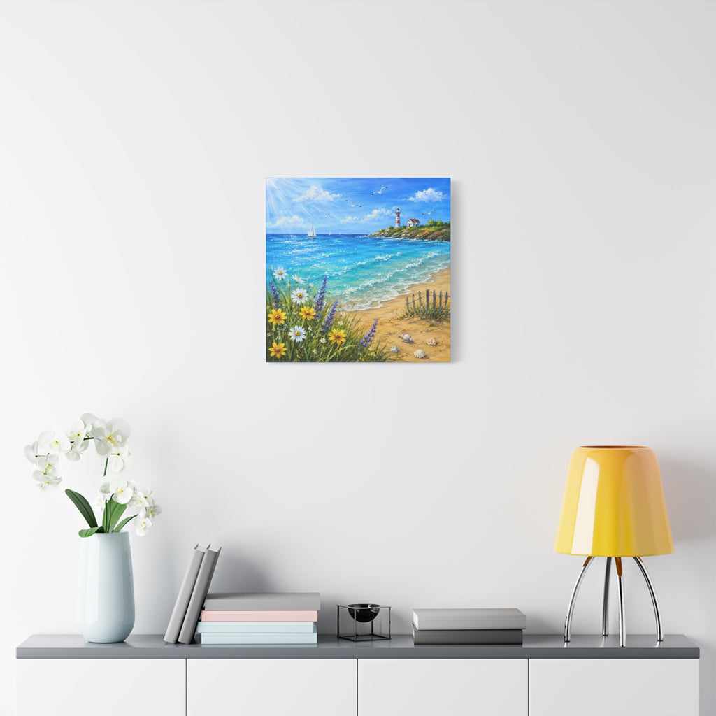 Coastal Lighthouse Beach Canvas Print — Seaside Floral Wall Art (Matte Stretched)