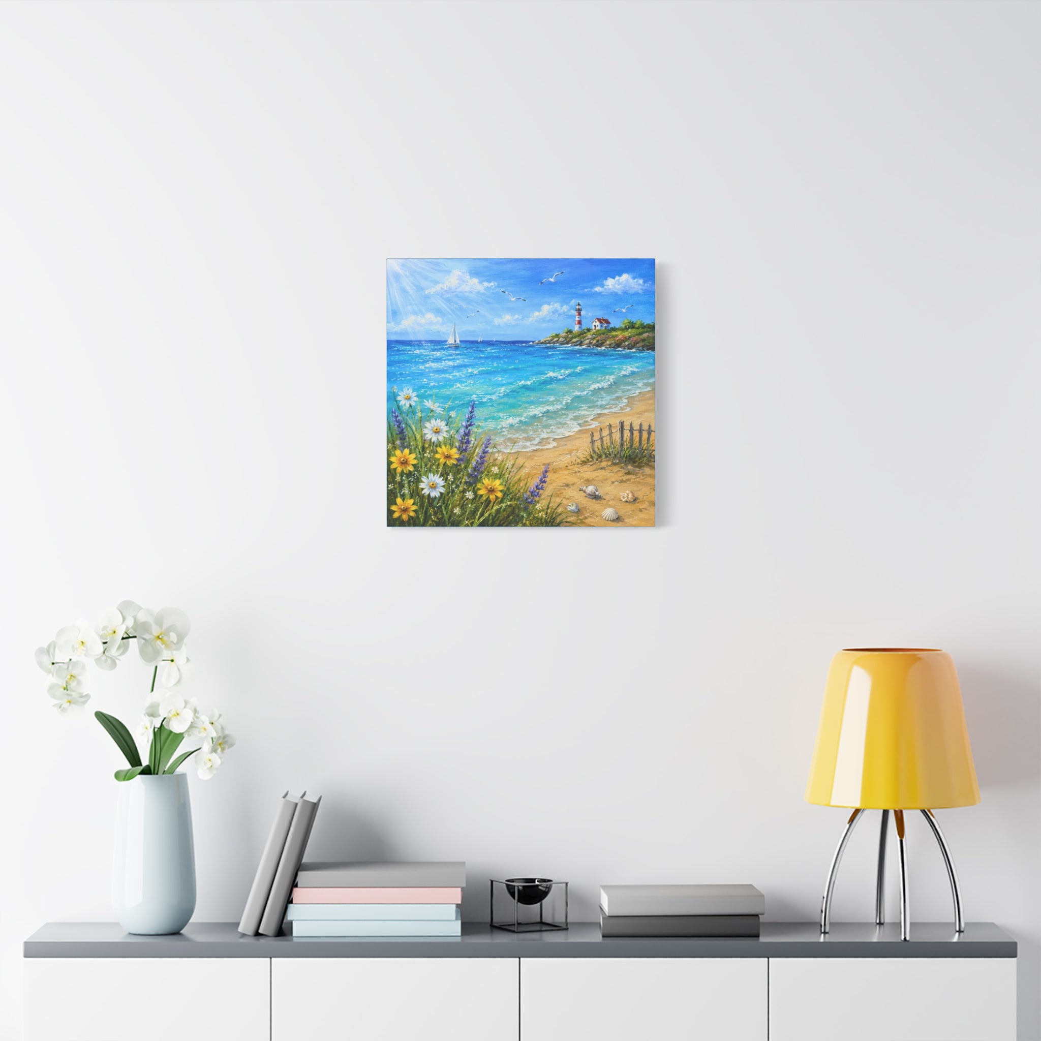 Coastal Lighthouse Beach Canvas Print — Seaside Floral Wall Art (Matte Stretched)