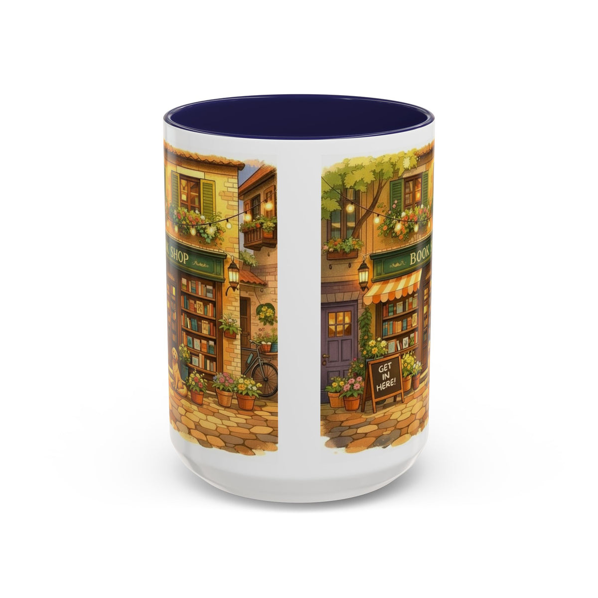 Bookshop Coffee Mug — Cozy Village Bookstore Illustration Accent Mug for Book and Dog Lovers (15oz)