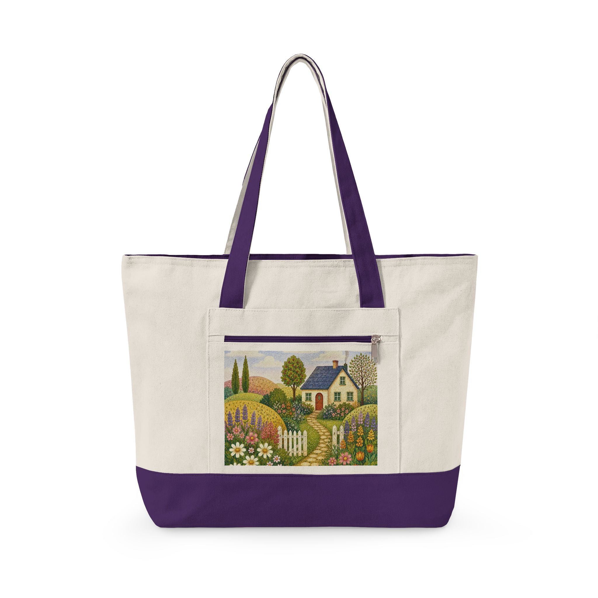 Canvas Tote Bag – Charming Cottage Garden illustration, Zippered Canvas Tote for Market, Beach & Everyday